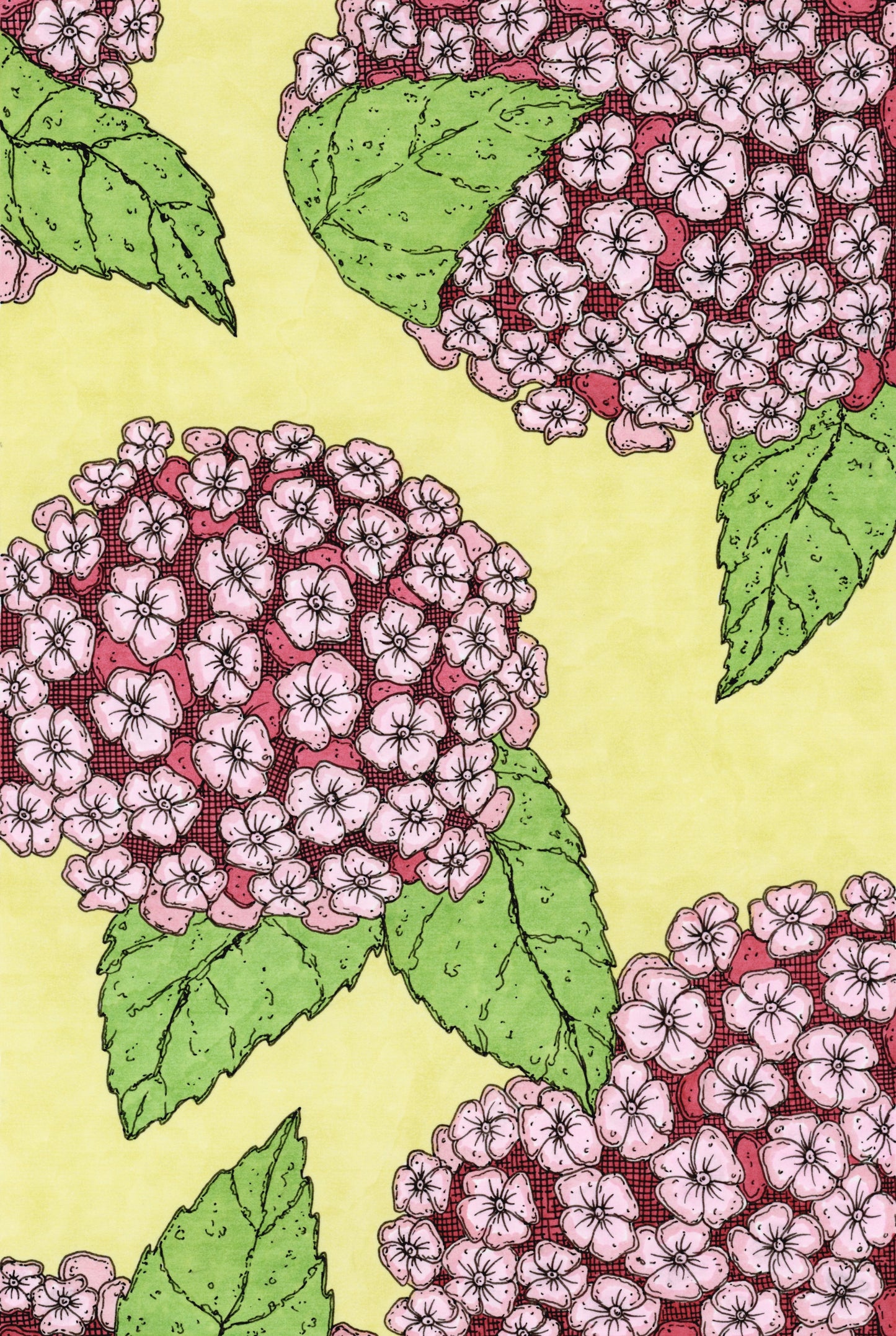 Floral artwork with pink and red hydrangeas on a yellow background
