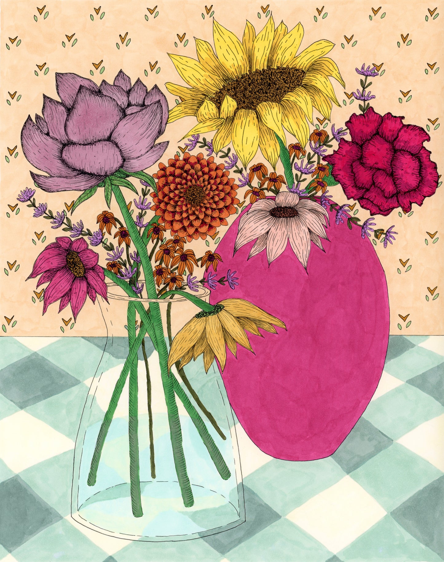 Illustration of two vases with colorful flowers on a checkered background