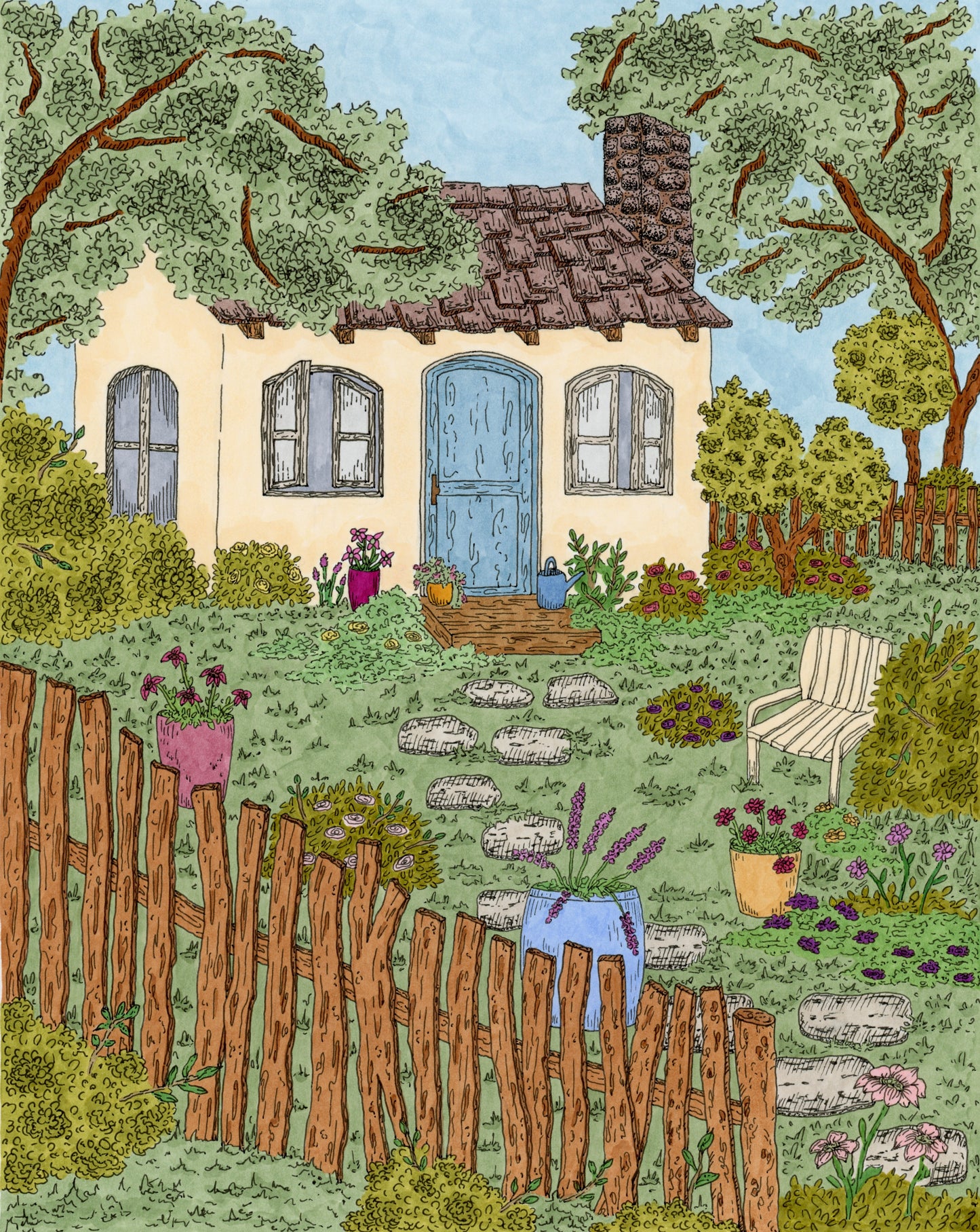 Colorful illustration of a quaint cottage with a garden and wooden fence.
