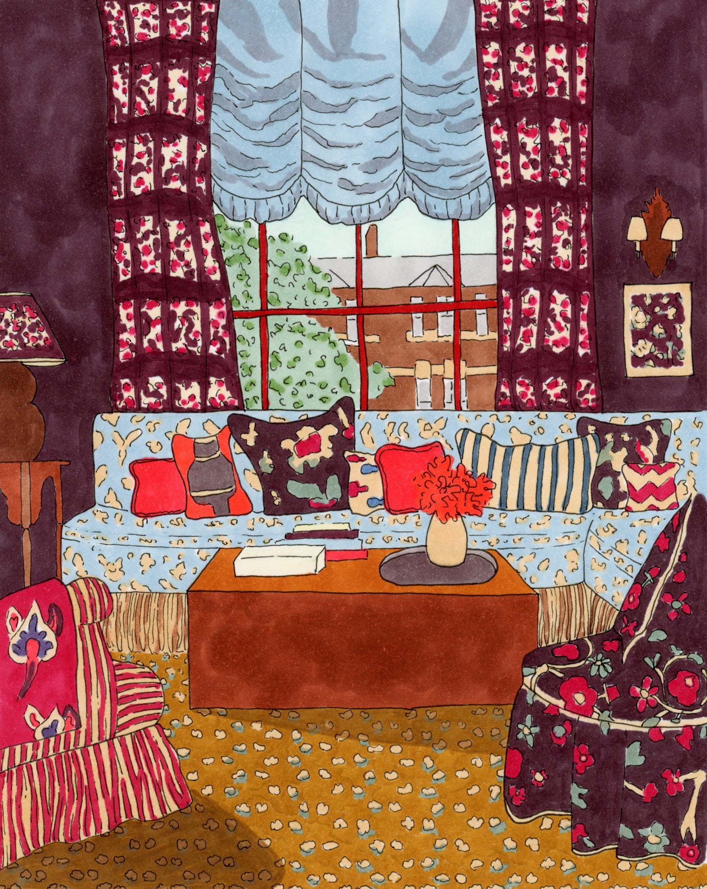 Colorful living room drawing with patterned curtains and furniture