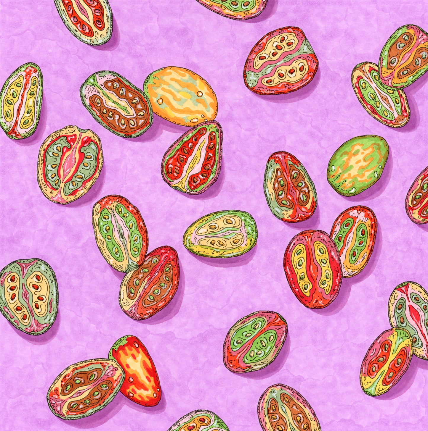 Colorful tomato drawing with a purple background