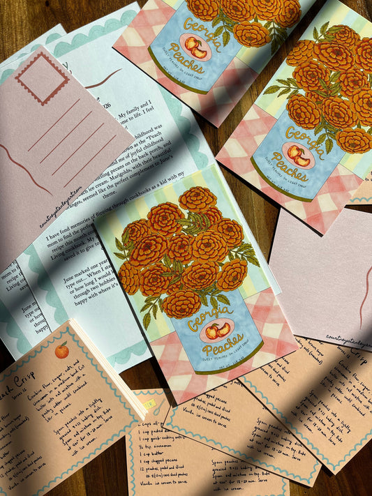 picture of mail featured in a snail mail club (an original art postcard, letter, and recipe card)
