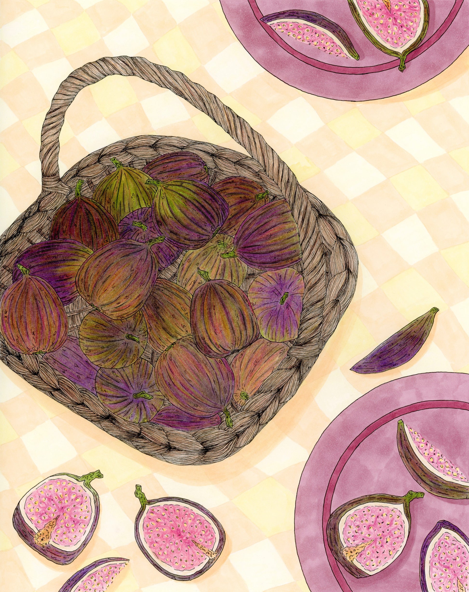 Illustration of a basket of figs with additional fig illustrations on a yellow checkered background