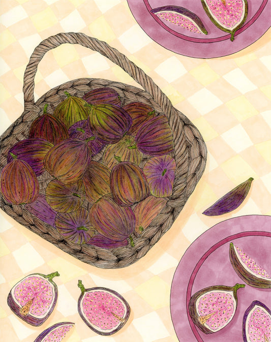 Illustration of a basket of figs with additional fig illustrations on a yellow checkered background