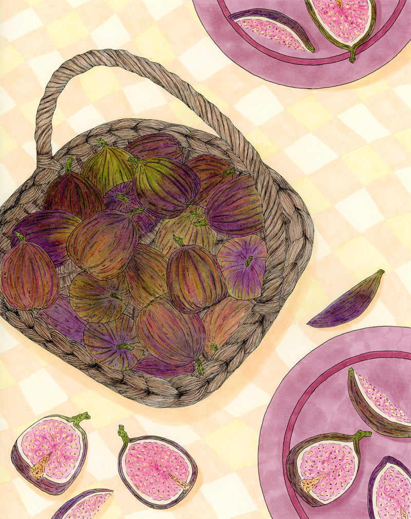 Illustration of a basket of figs with additional fig illustrations on a yellow checkered background