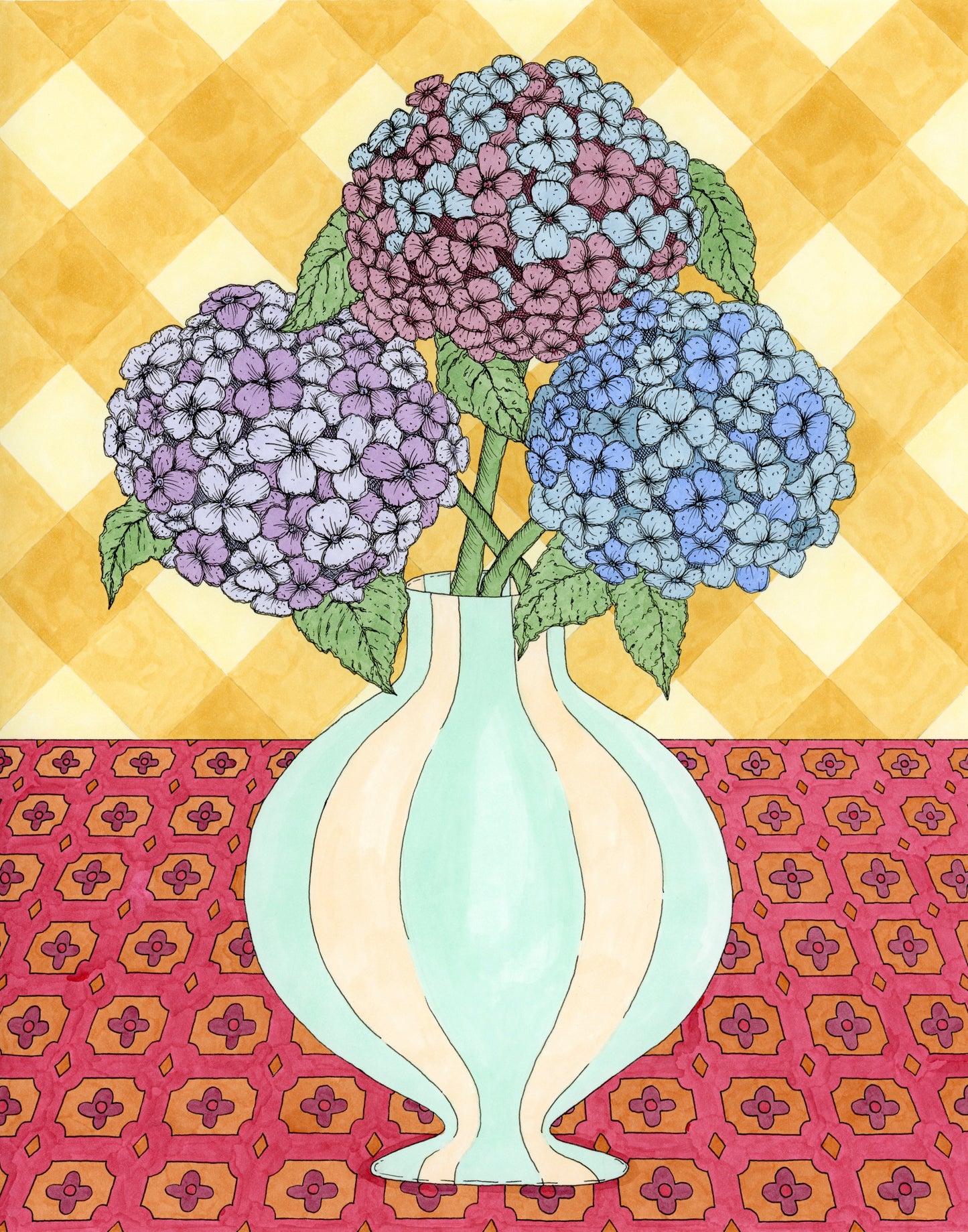 Decorative illustration of a vase with purple and blue hydrangeas on a patterned background