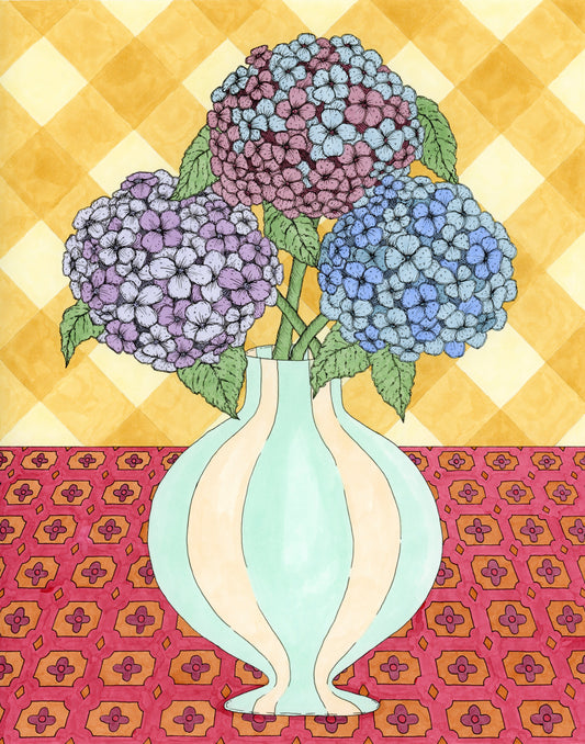 Decorative illustration of a vase with purple and blue hydrangeas on a patterned background