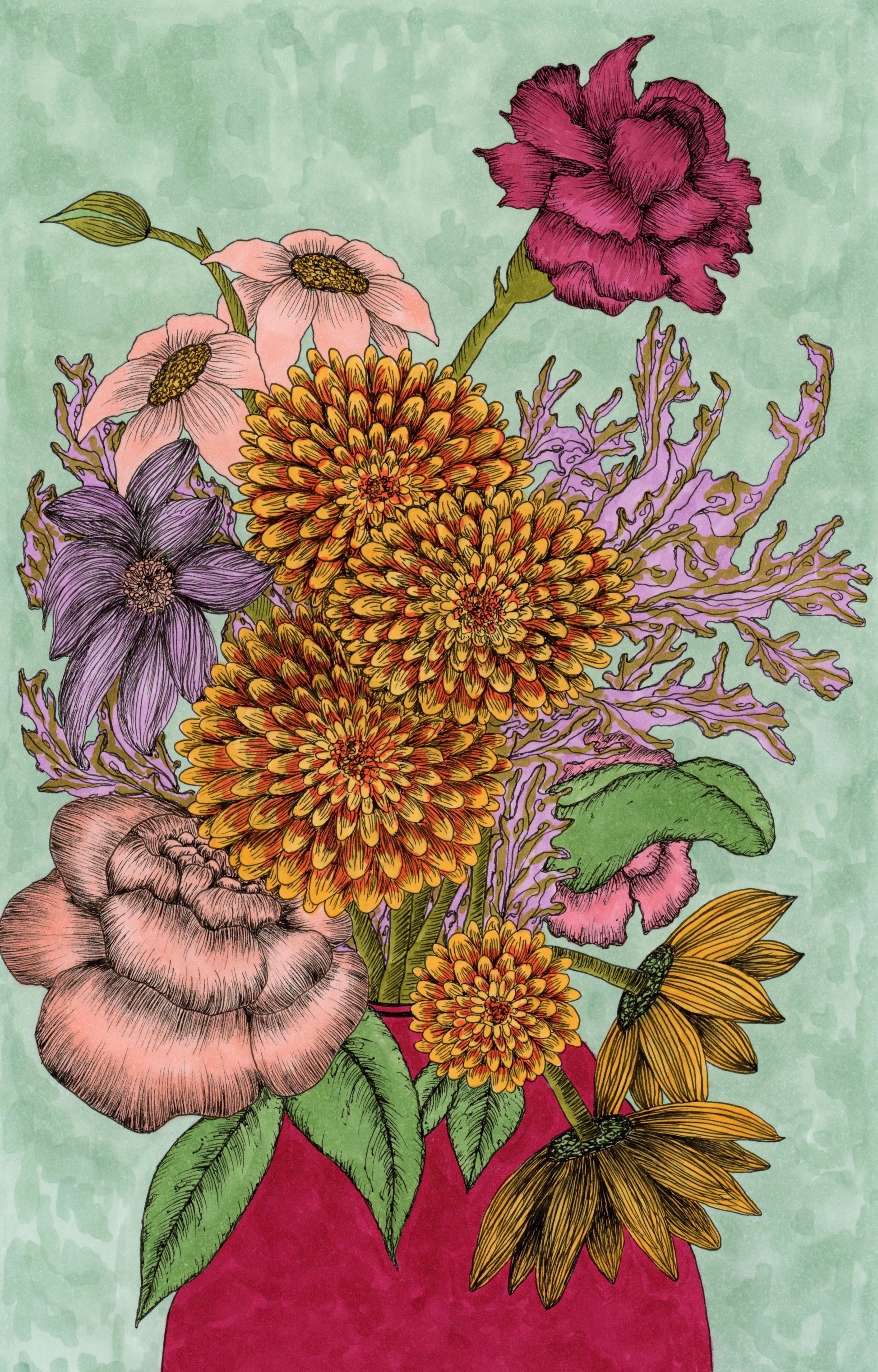 Colorful illustration of a bouquet of flowers in a pink vase on a light green background