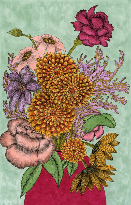 Colorful illustration of a bouquet of flowers in a pink vase on a light green background
