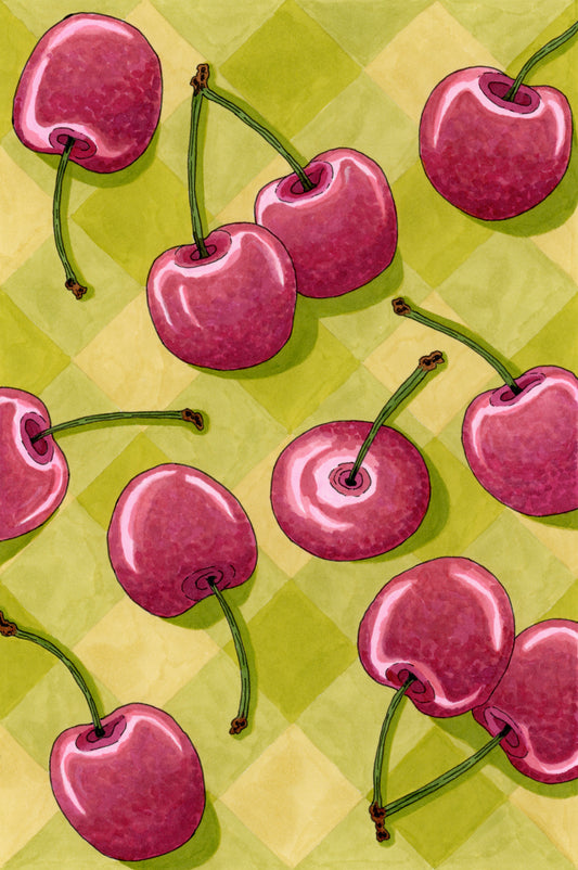 Red cherries on a green checkered background