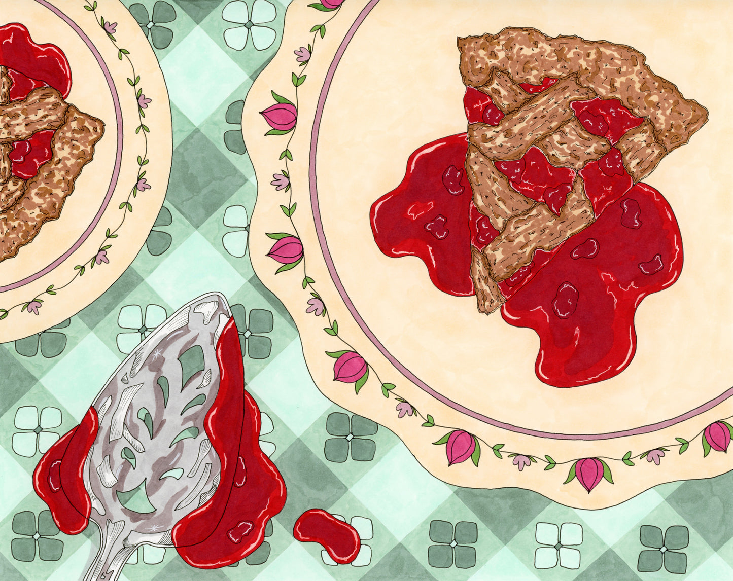 Illustration of a slice of cherry pie on a decorative plate with a checkered tablecloth background.