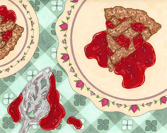 Illustration of a slice of cherry pie on a decorative plate with a checkered tablecloth background.