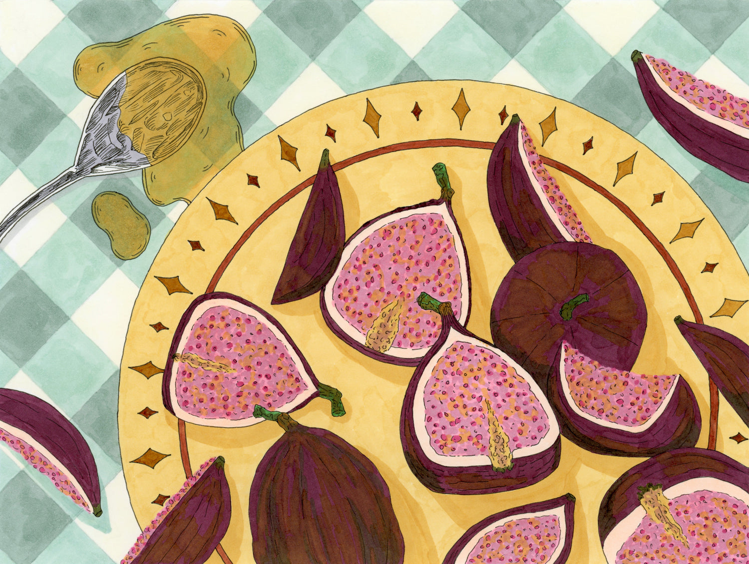 Illustration of figs on a decorative plate and a spoon of honey with a checkered background