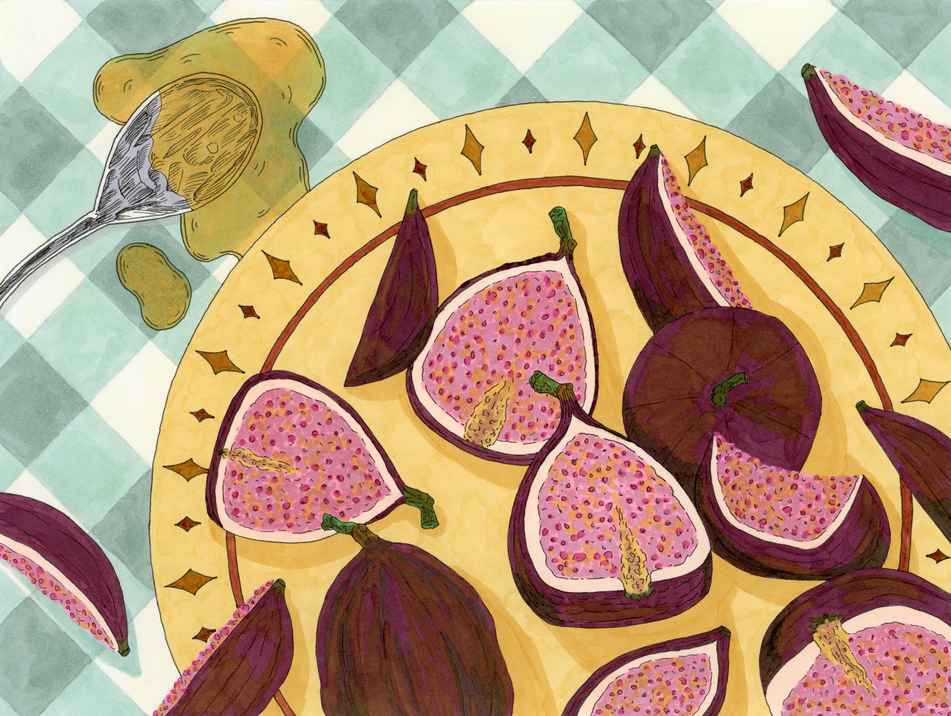 Illustration of figs on a decorative plate and a spoon of honey with a checkered background
