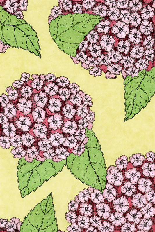 Floral artwork with pink and red hydrangeas on a yellow background