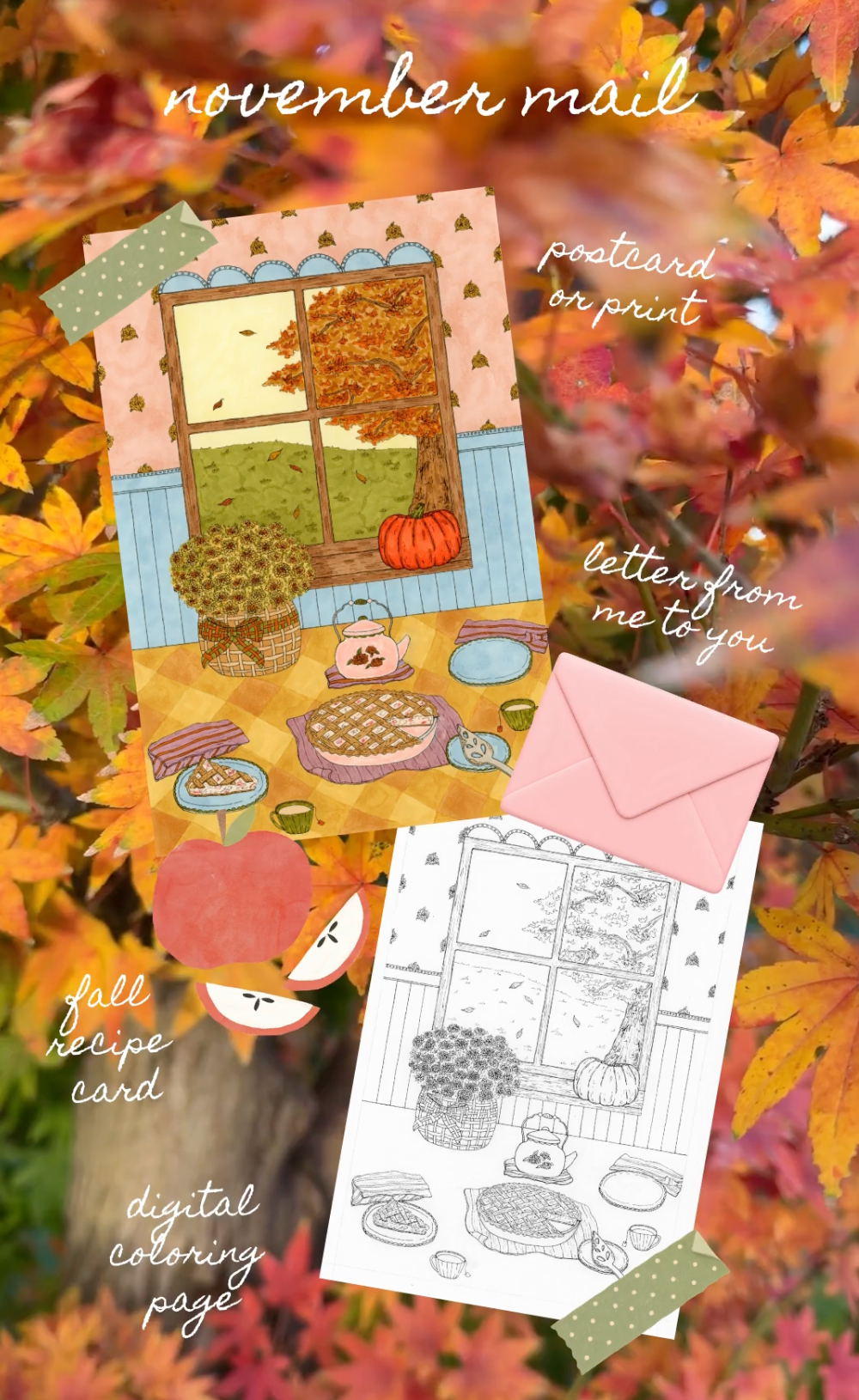 Fall-themed mail with a fall postcard or print, digital coloring page, fall recipe card, and a letter.