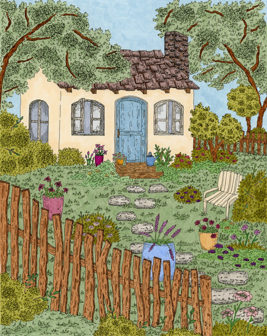 Colorful illustration of a quaint cottage with a garden and wooden fence.