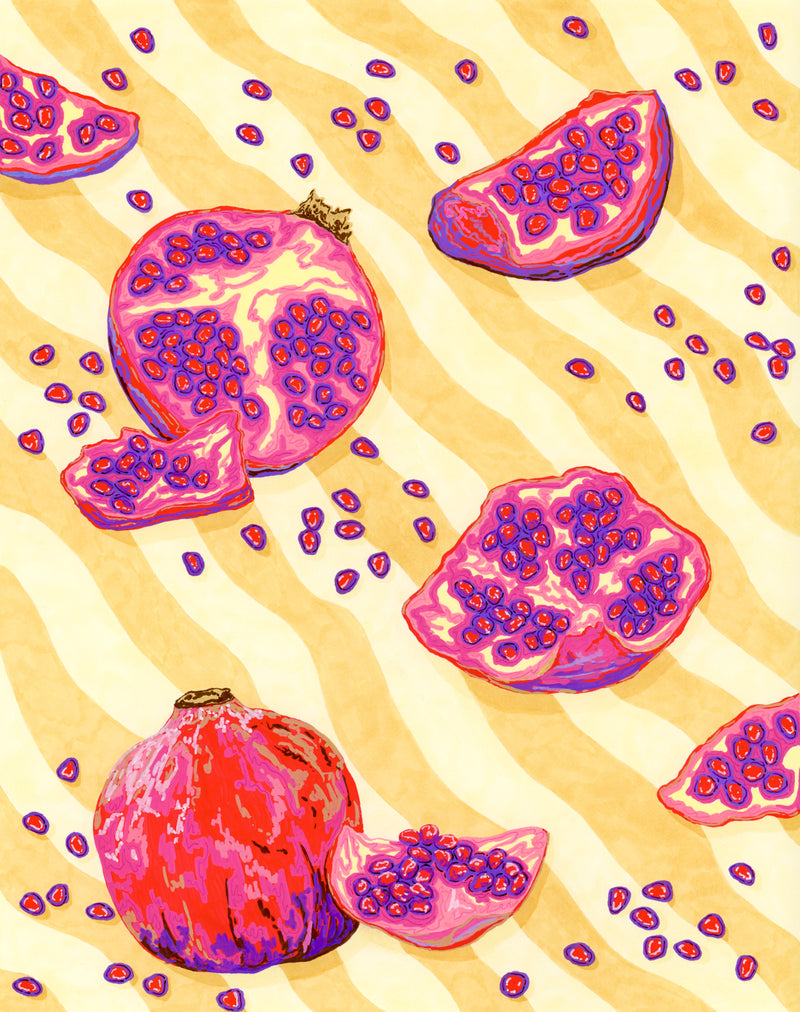 Drawing of pomegranates with seeds on a yellow striped background