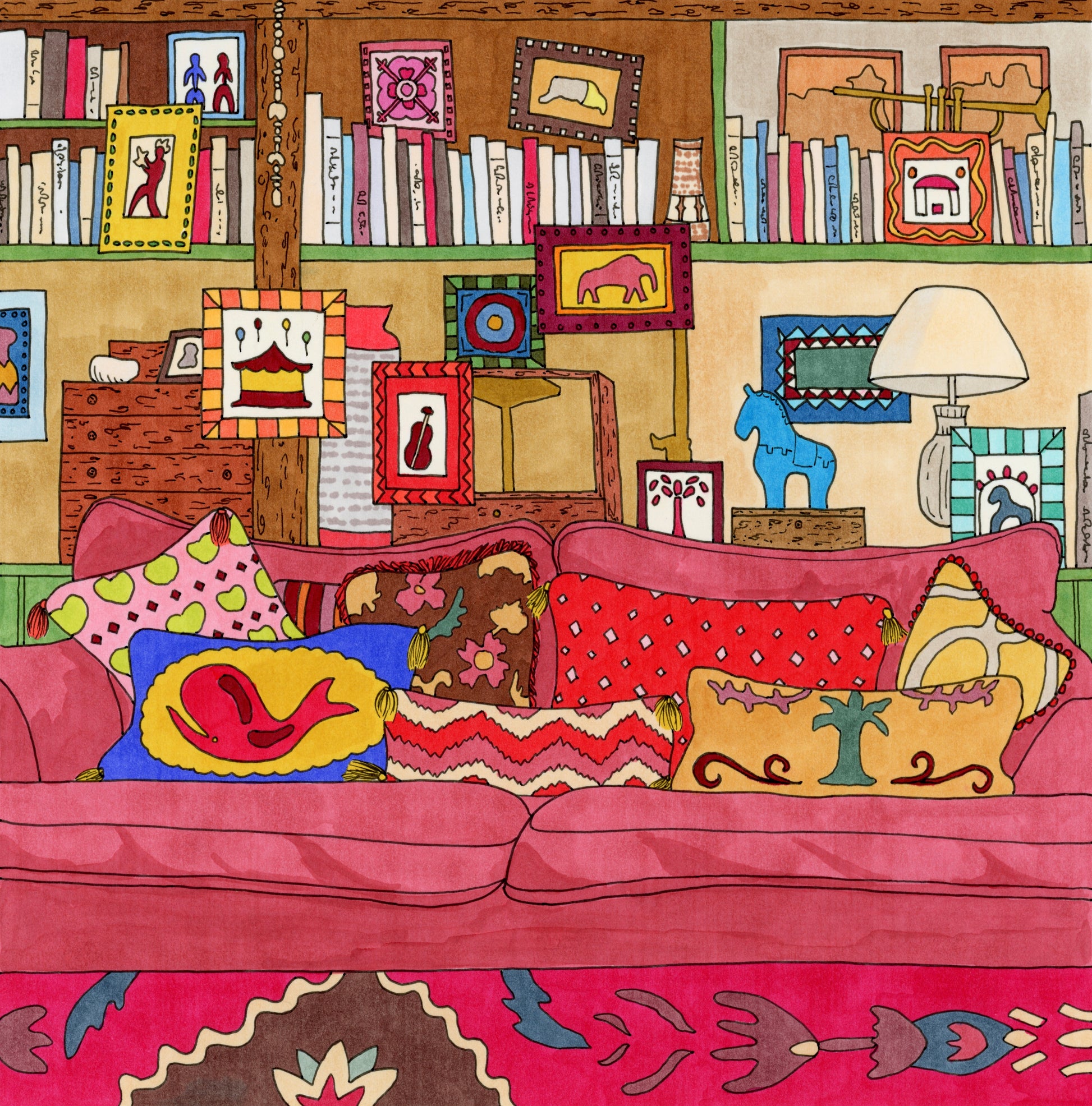Colorful living room drawing with a pink couch, books, and artwork.