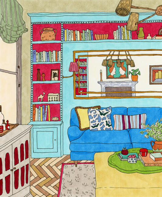 Colorful illustration of a living room with a blue sofa, bookshelf, and decorative items.