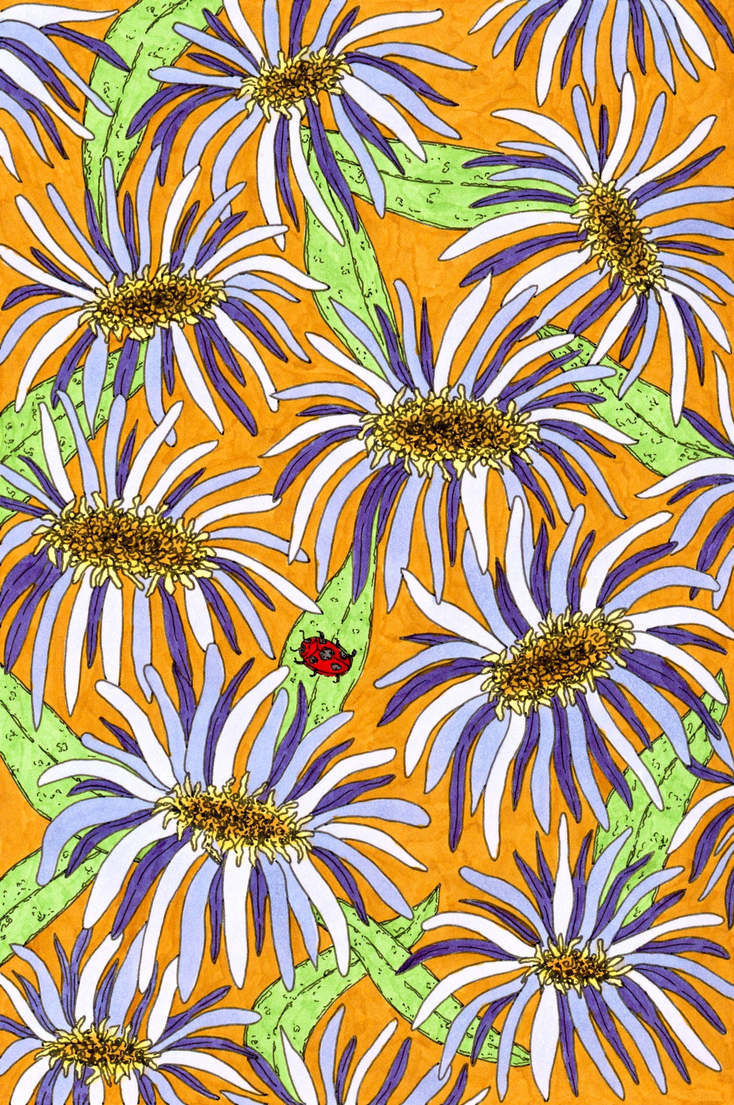 Drawing of blue flowers and a ladybug with an orange background