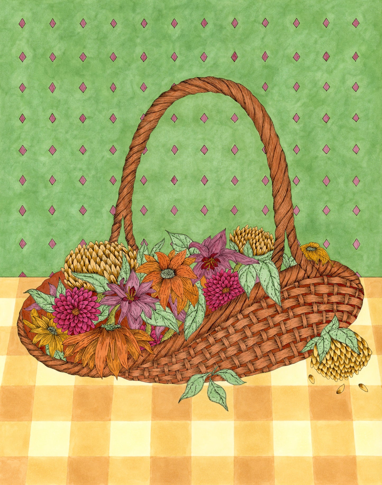 Wicker basket drawing with flowers on a green and yellow checkered background