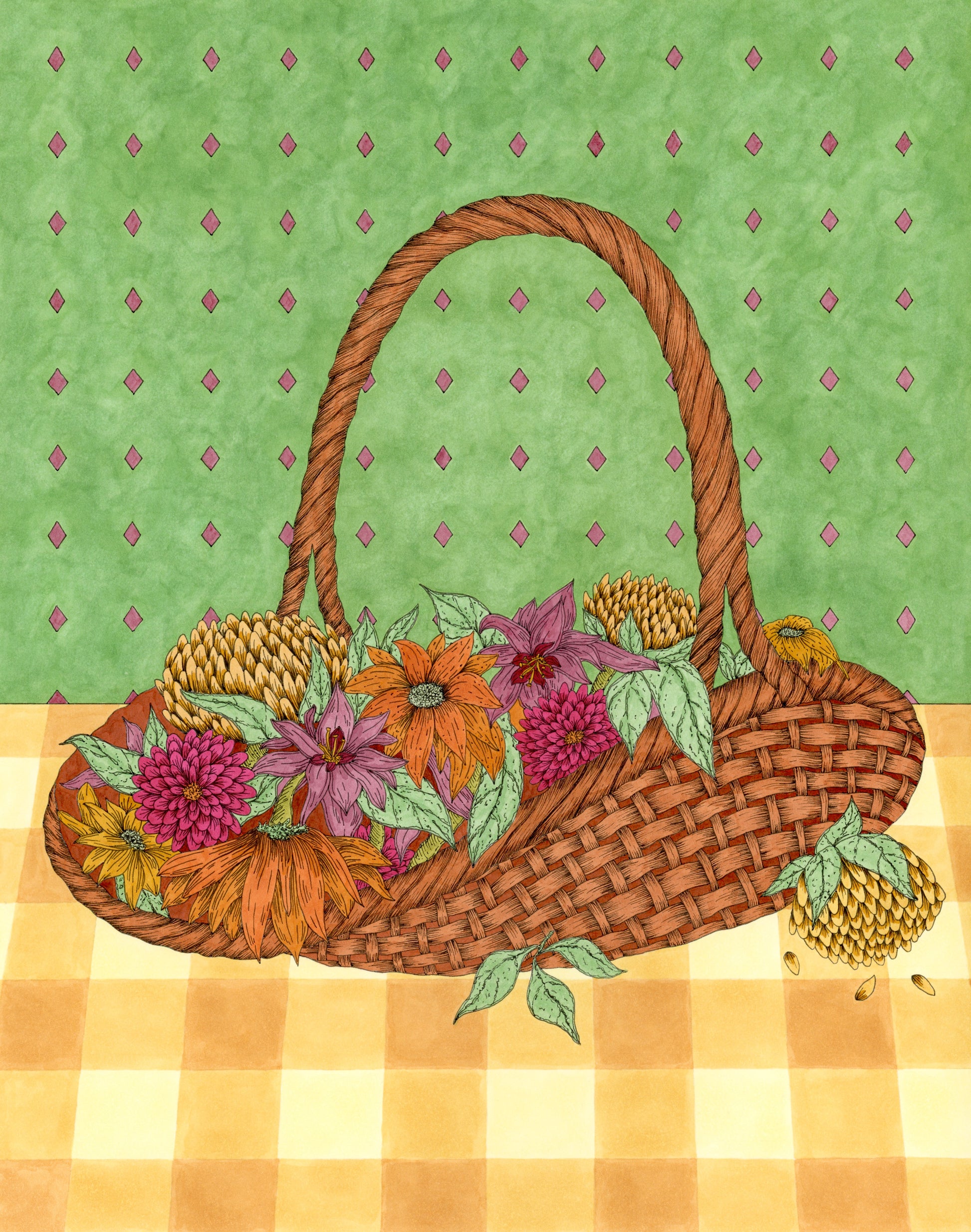 Wicker basket drawing with flowers on a green and yellow checkered background