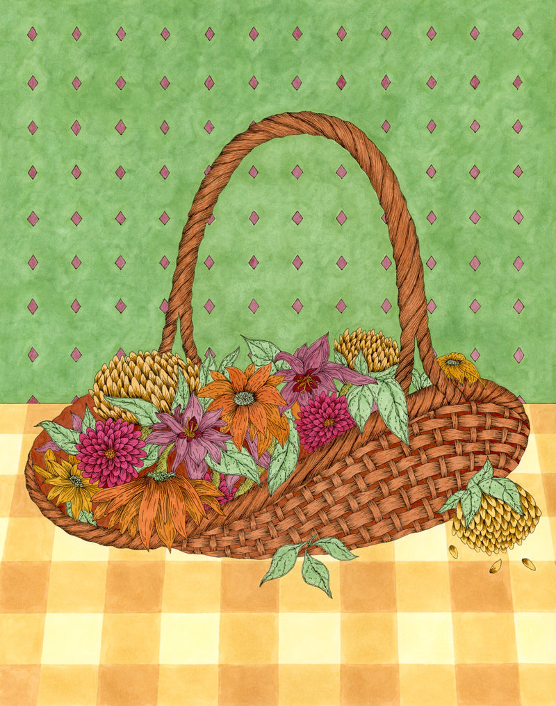 Wicker basket drawing with flowers on a green and yellow checkered background