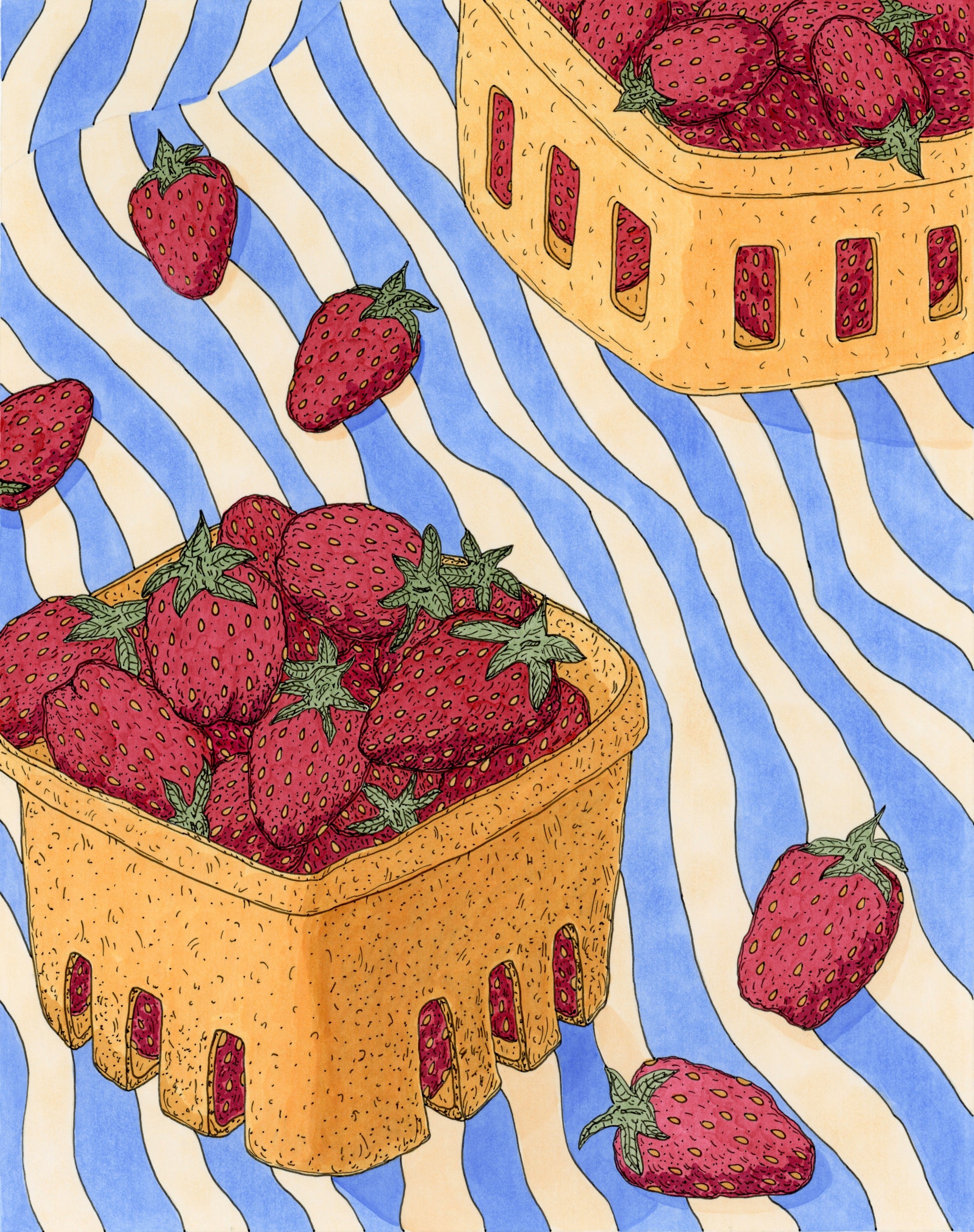 Illustration of strawberries in a basket with a blue striped tablecloth background