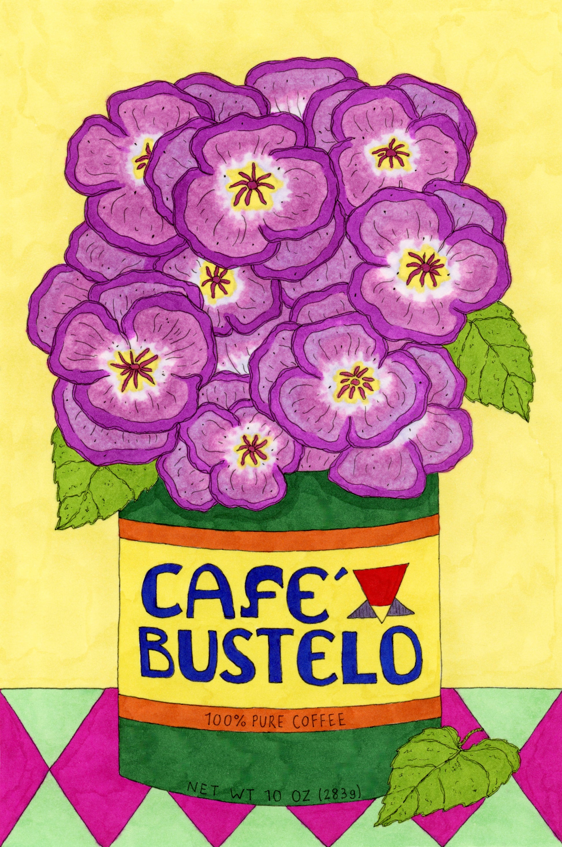 Drawing of purple violets in a Cafe Bustelo coffee can with a yellow background