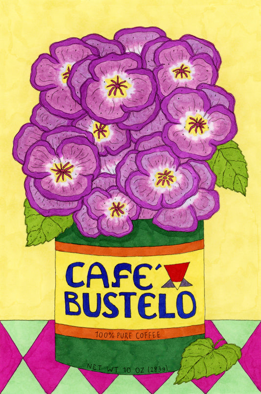 Drawing of purple violets in a Cafe Bustelo coffee can with a yellow background