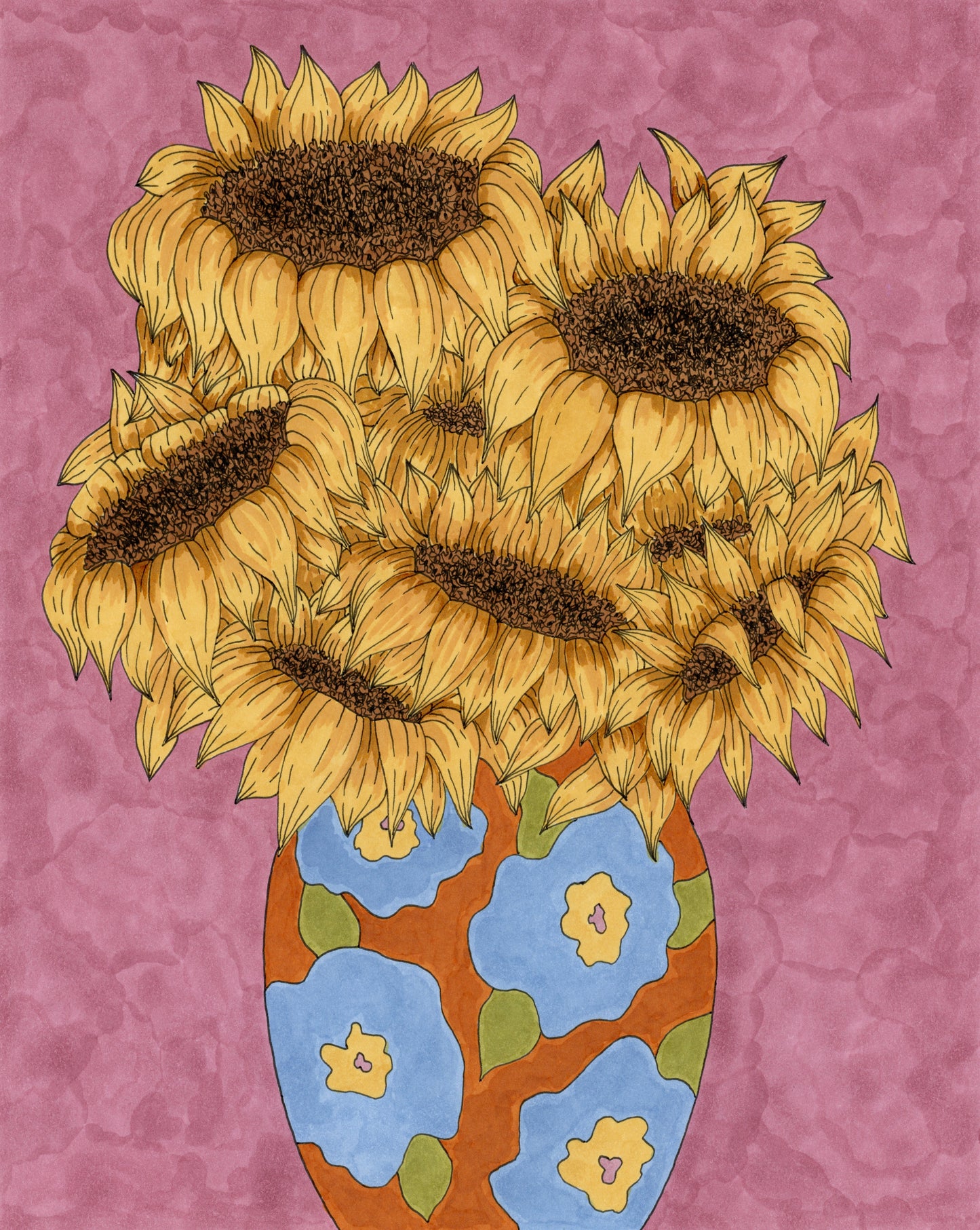 Colorful vase of sunflower drawing on a purple background